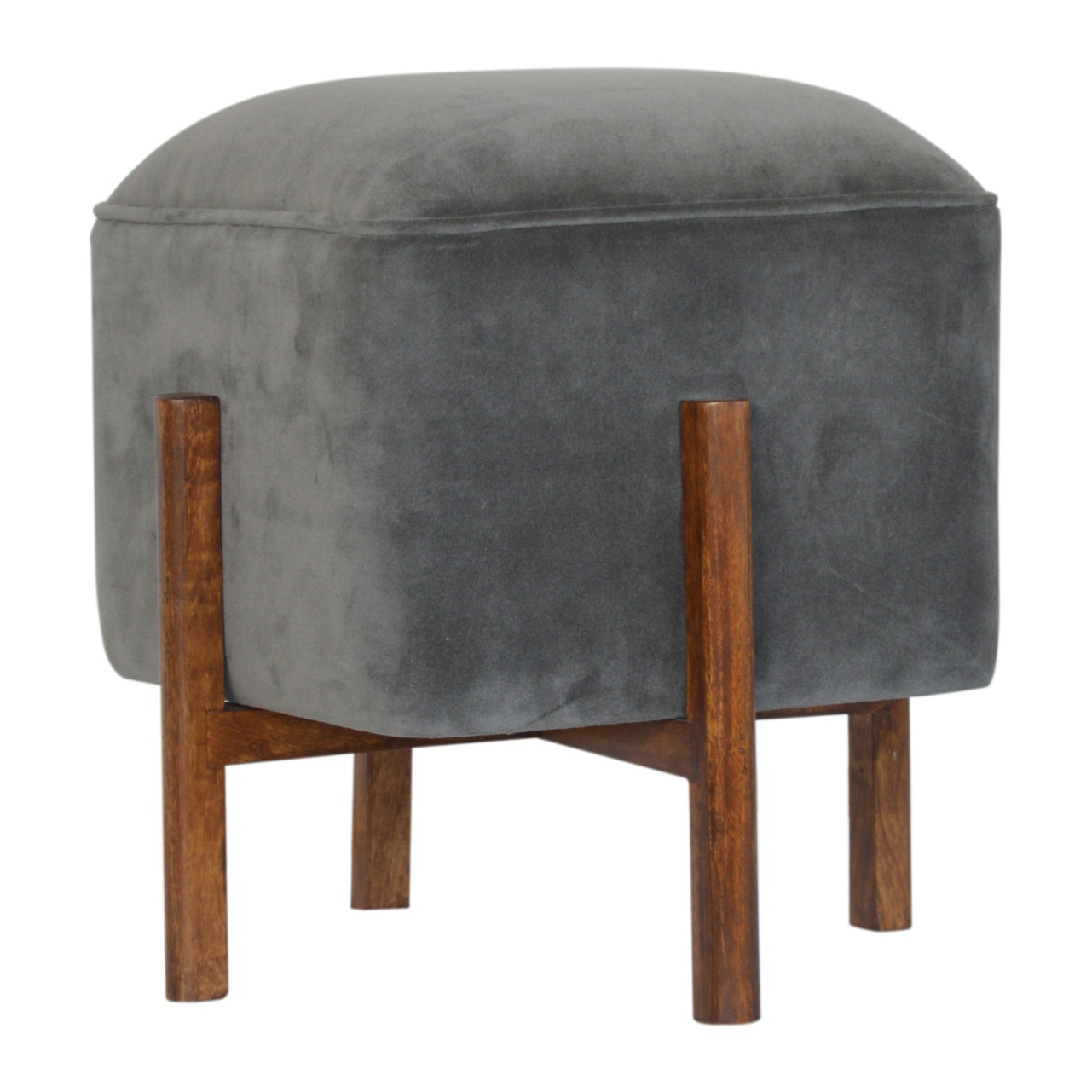 Solid Wood Grey Velvet Footstool - Image 2