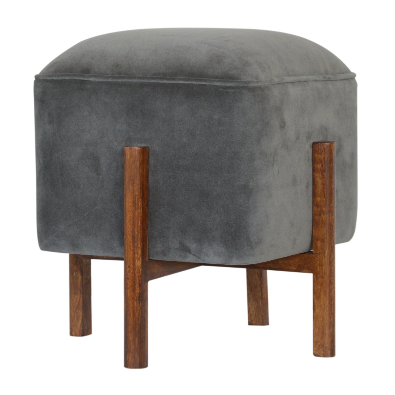 Solid Wood Grey Velvet Footstool - Image 3