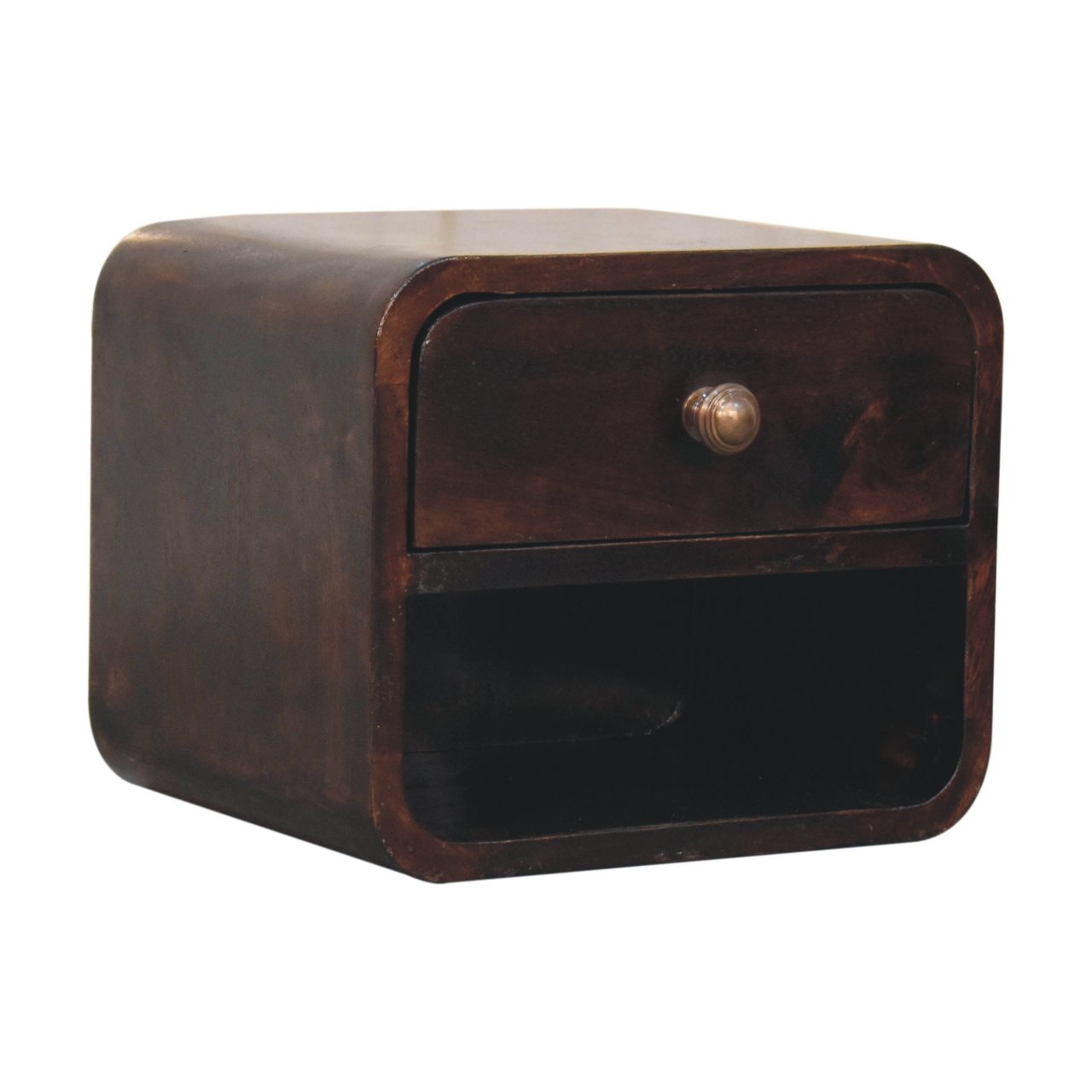 Mini Curved California Walnut Wall Mounted Bedside with Open Slot - Image 2
