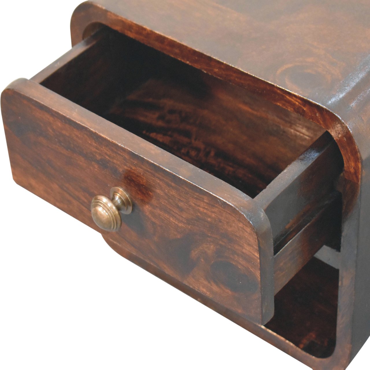 Mini Curved California Walnut Wall Mounted Bedside with Open Slot - Image 6
