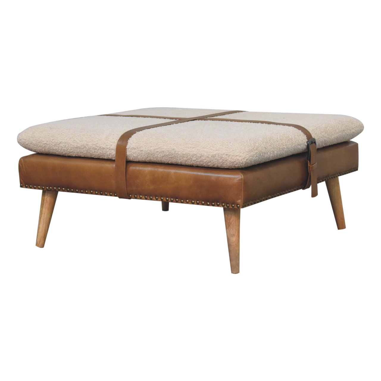 Large Square Bouclé Buffalo Hide Brown Leather Footstool - Image 2