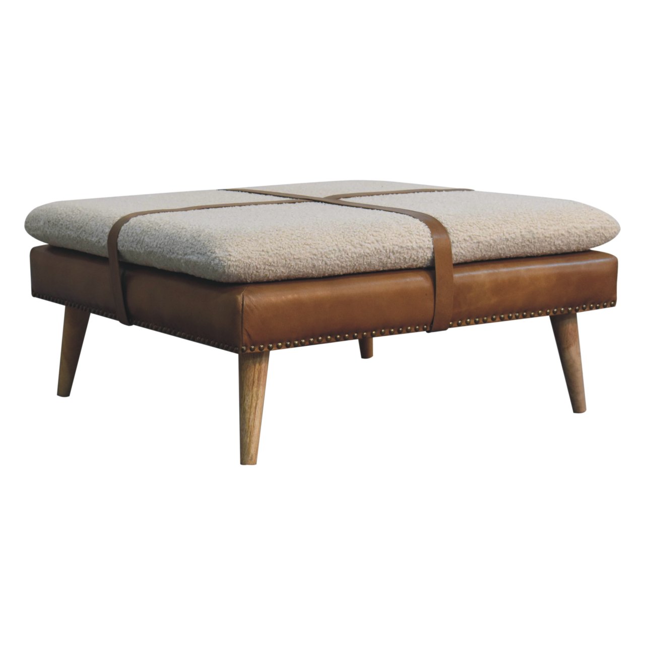 Large Square Bouclé Buffalo Hide Brown Leather Footstool - Image 3