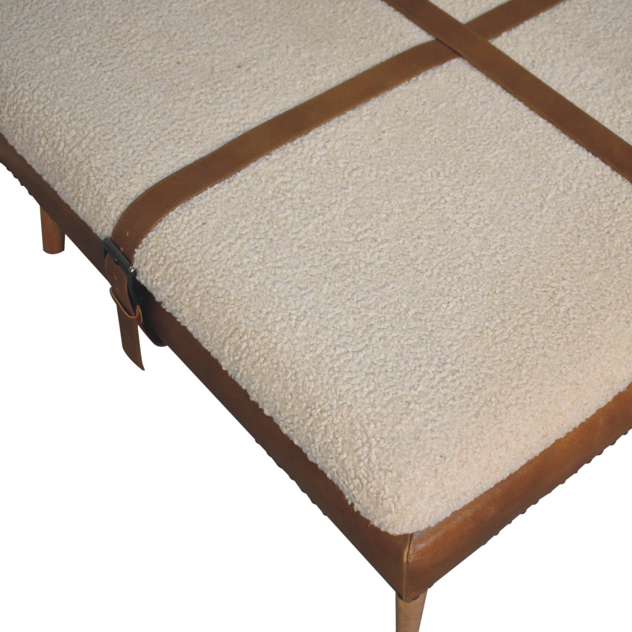 Large Square Bouclé Buffalo Hide Brown Leather Footstool - Image 7