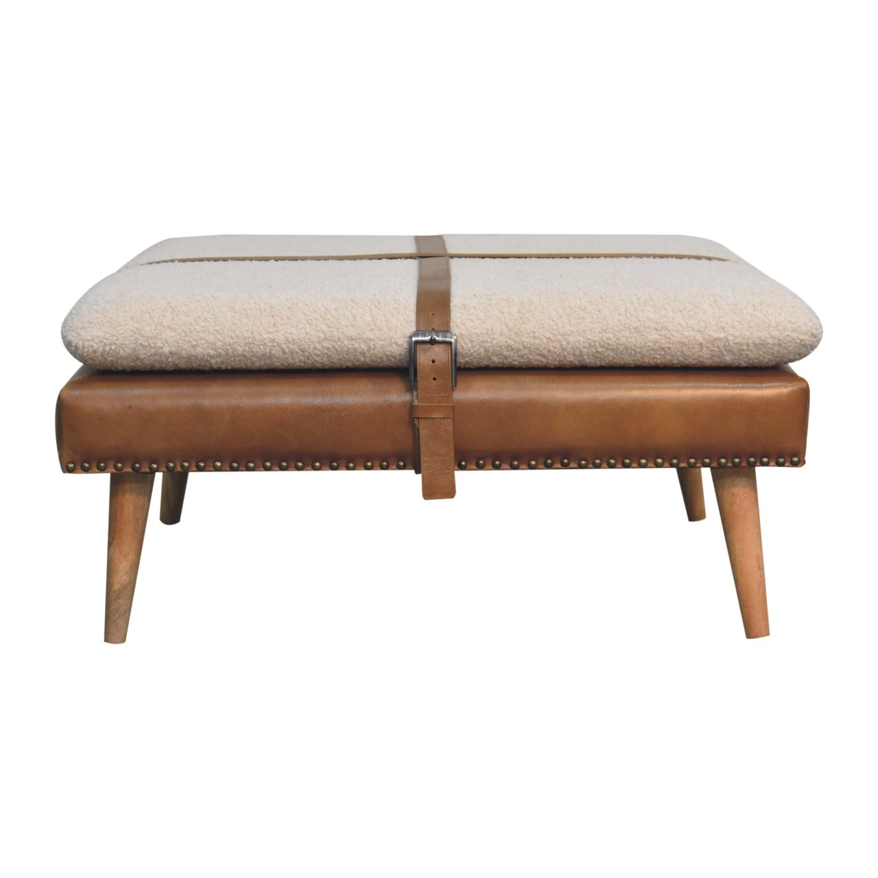 Large Square Bouclé Buffalo Hide Brown Leather Footstool - Image 9
