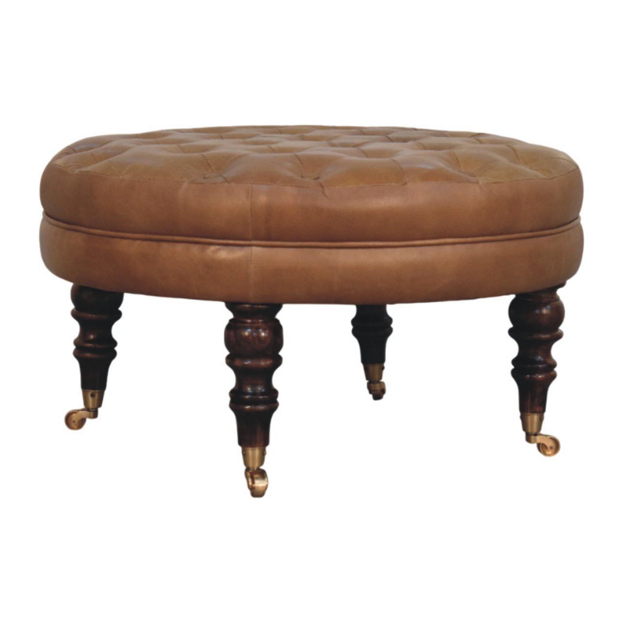 Brown Buffalo Leather Round Ottoman with Castor Legs - Image 2