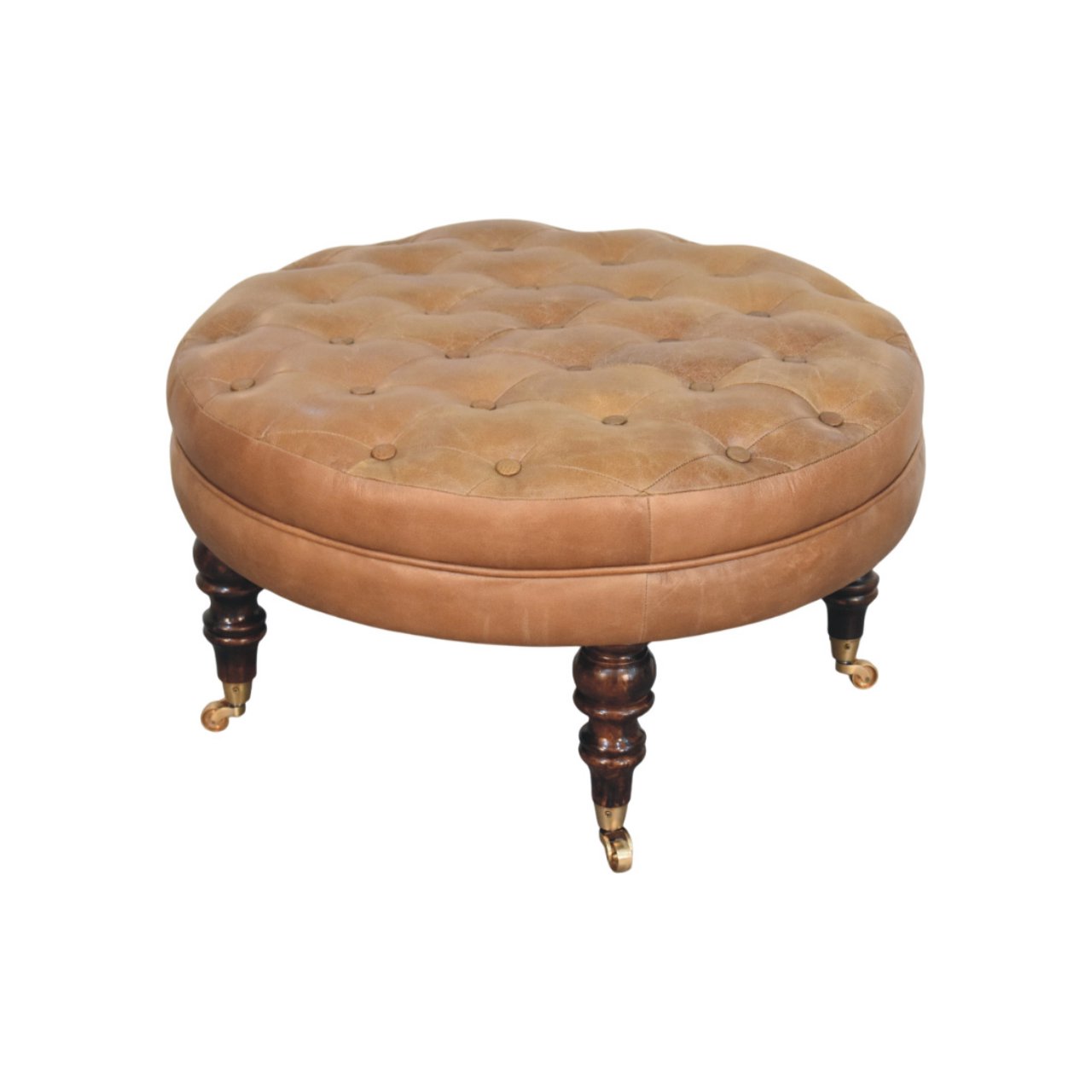 Brown Buffalo Leather Round Ottoman with Castor Legs - Image 3