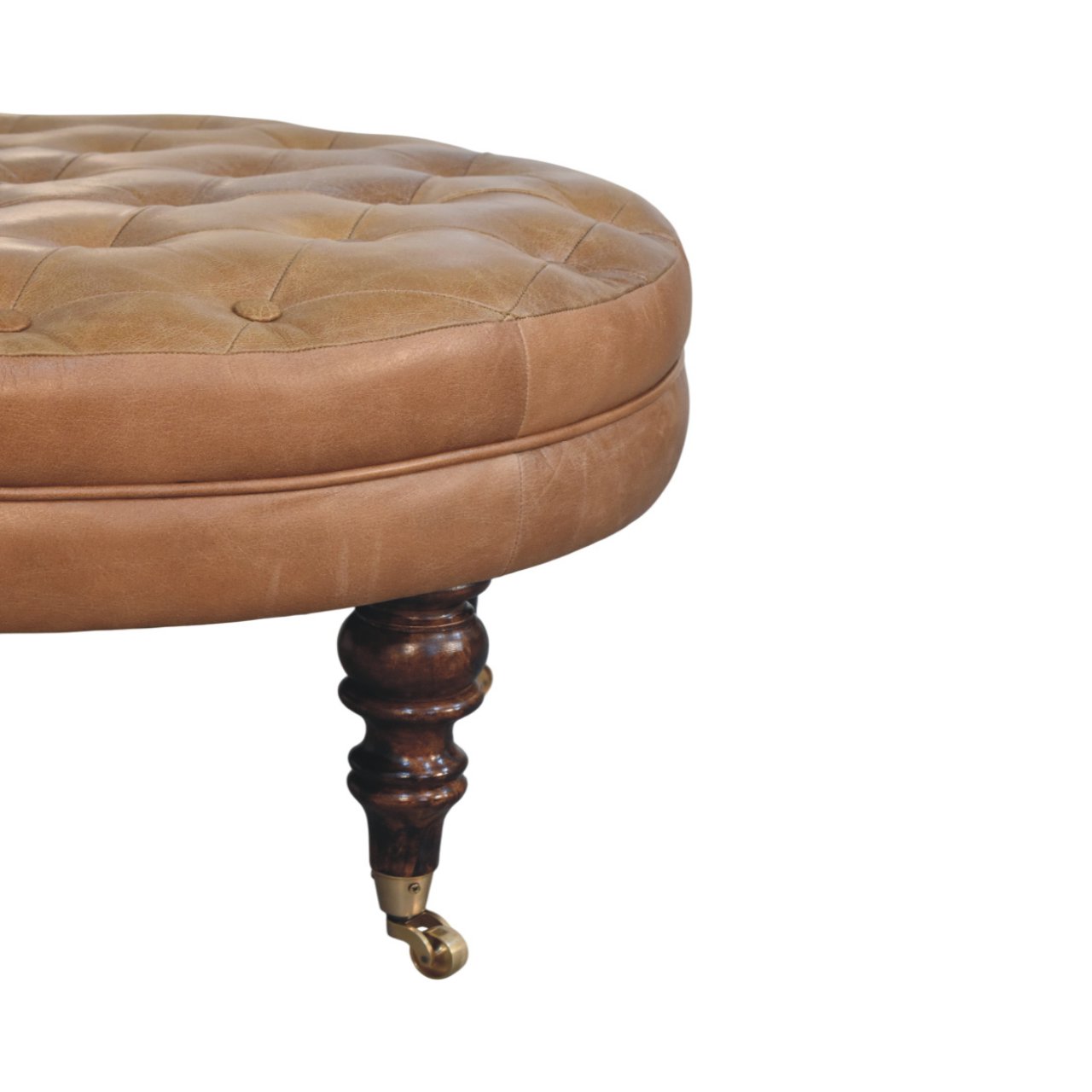 Brown Buffalo Leather Round Ottoman with Castor Legs - Image 4